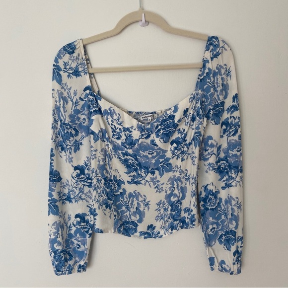 Reformation Reign Top in Olympia Blue Floral Smocked Sweetheart Long Sleeve sz 6 - Picture 3 of 8